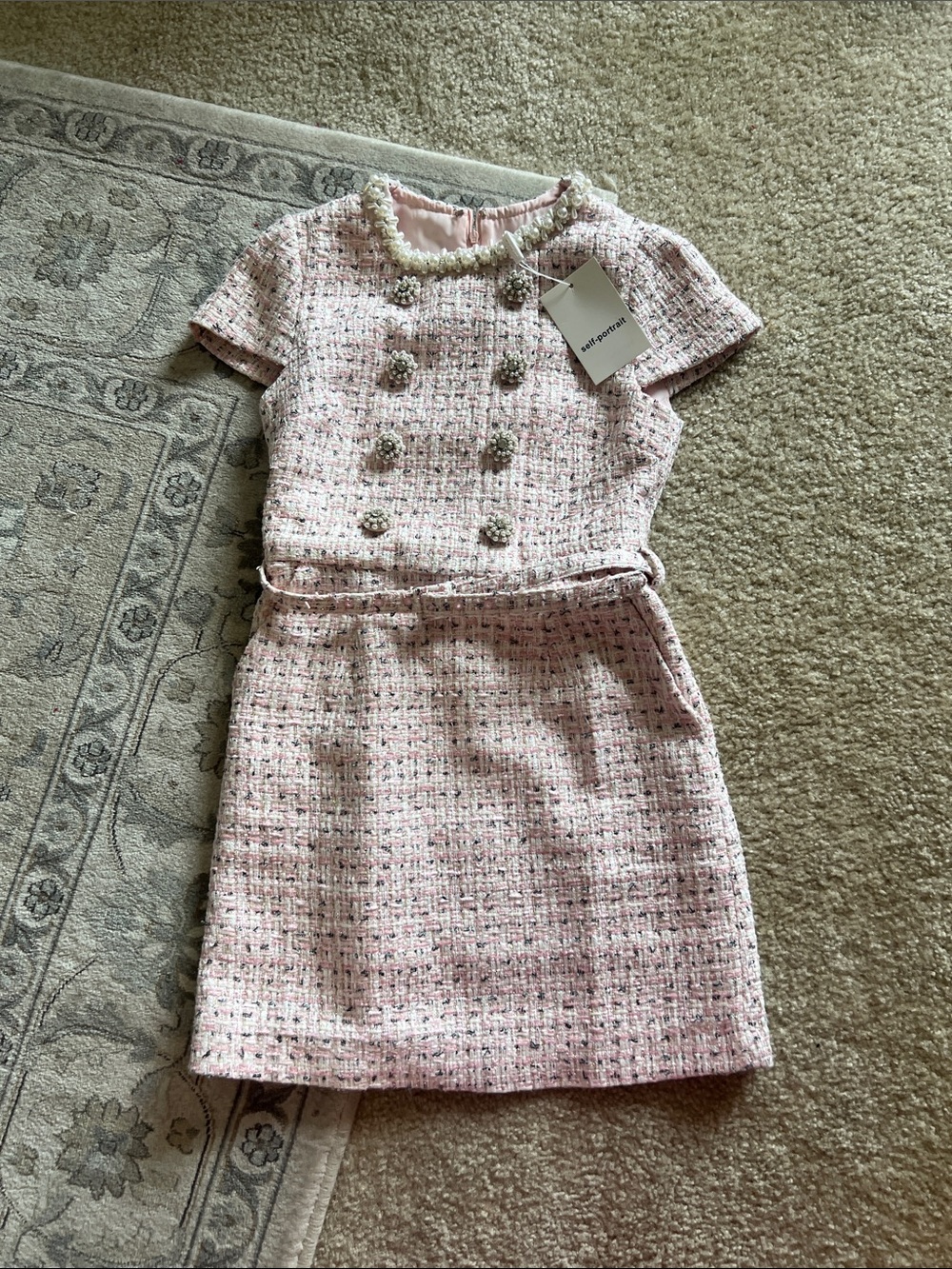 Self-Portrait Pink Tweed Short-Sleeve Double-Breasted Dress